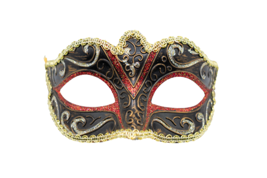 Isolated red and gold masquerade mask against a blank background