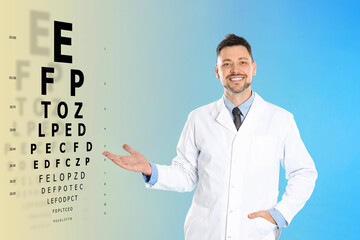 Vision test. Ophthalmologist or optometrist pointing at eye chart on yellow and blue gradient background