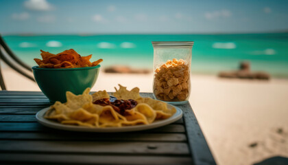 Drink with snacks on the table with a beautiful blurred beach in the background. Generative AI
