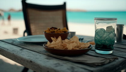 Fototapeta na wymiar Drink with snacks on the table with a beautiful blurred beach in the background. Generative AI