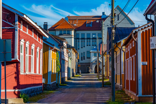 Colorful timber houses in Neristan district of Finnish town Jakobstad