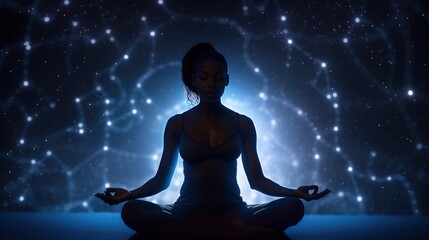 Woman sitting in Yoga Lotus pose. Her connection to a meditative space is profound and sincere. Generative AI.