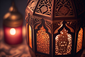 Ramadan Radiance: Close-Up of Intricately Patterned Lantern with Traditional Decorations - AI Generated