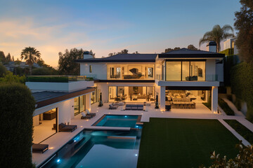 Fototapeta premium Villa in Beverly Hills, California. Holiday Rentals Los Angeles, luxyry villa with swimming pool in Beverly Hills. Modern apartment buildings, Facade exterior design. Ai generative illustration.