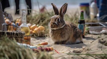 Osterhase genießt Picknick am Strand, Bier, Wein und leckeres Essen, Sommerlicher Strandurlaub mit Osterhase und Freunden, generative ai, generativ, KI, Künstliche Inteligenz