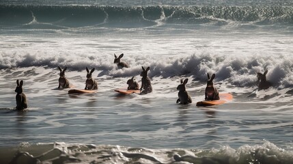 Osterhasen am Surfen, lustiges Strandabenteuer, Hasen auf Sommerferien, Wellenreiten am Strand, Ostern am Strand, Hasen im Urlaubsmodus, generative ai, generativ, KI