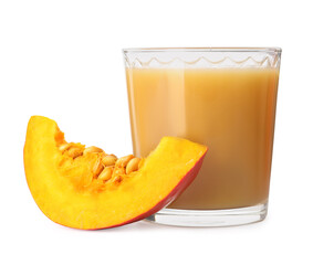 Glass with pumpkin juice and fresh vegetable on white background