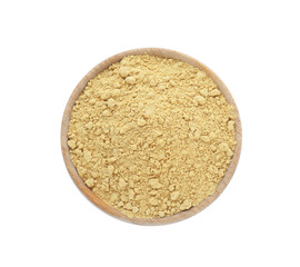 Aromatic mustard powder in wooden bowl on white background, top view