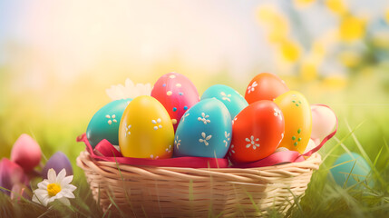 A colorful Easter basket filled with decorated eggs and spring flowers, set against a sunny outdoor background