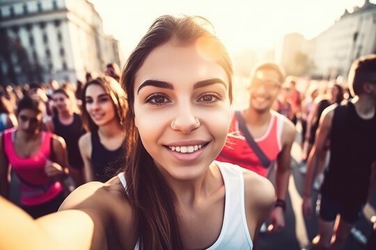 female marathon runner  is taking a selfie while running through a crowd of other runners, with the city skyline in the background , wide angle view. Generative AI