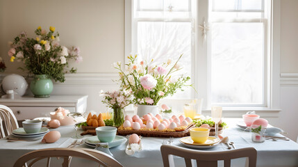 A table for an Easter meal, with a beautifully decorated centerpiece of pastel colored eggs and fresh flowers