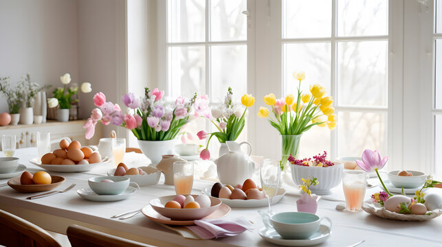 A table for an Easter meal, with a beautifully decorated centerpiece of pastel colored eggs and fresh flowers