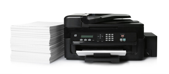 Modern printer and stack of paper on white background