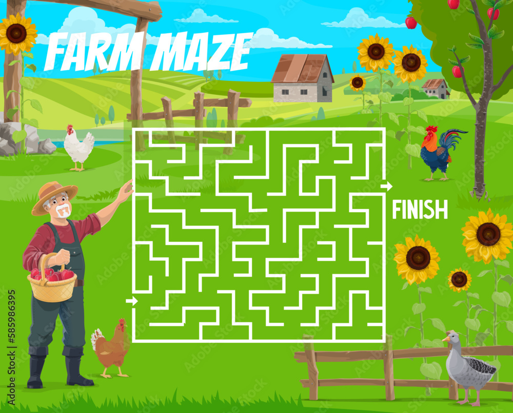 Wall mural Labyrinth maze, help the old farmer find a rooster and goose. Kids vector worksheet boardgame with cartoon man villager searching birds on ranch, tangled path, start and finish, recreational riddle