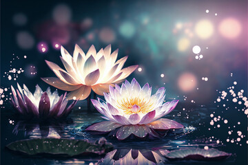 lotus white light purple floating light sparkle background with copy space for text. AI generated - obrazy, fototapety, plakaty