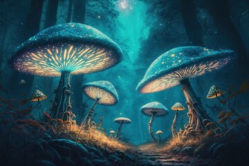 Fototapeta na wymiar Wild mushrooms in the forest. Fairy tale atmosphere. AI generated