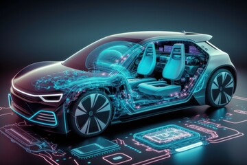 The concept of a modern electric car with autopilot. AI generated, human enhanced - obrazy, fototapety, plakaty