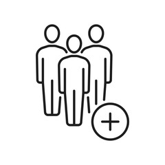 Group of people with plus sign isolated thin line icon. Vector business team need new workers, need of assistance, support and help for community society