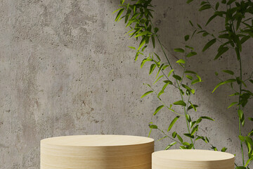 A circular, wooden base podium with a concrete wall and a plant next to it. 3d rendering