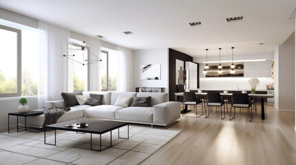 Fototapeta na wymiar Modern interior design of apartment, living room with sofa, dining room and hall, Generative AI design