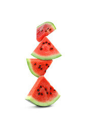 Stack of juicy watermelon slices on white background