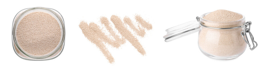 Collage with dry yeast on white background. Leavening agent