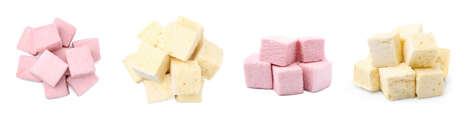 Collage with tasty different marshmallows on white background, top and side views