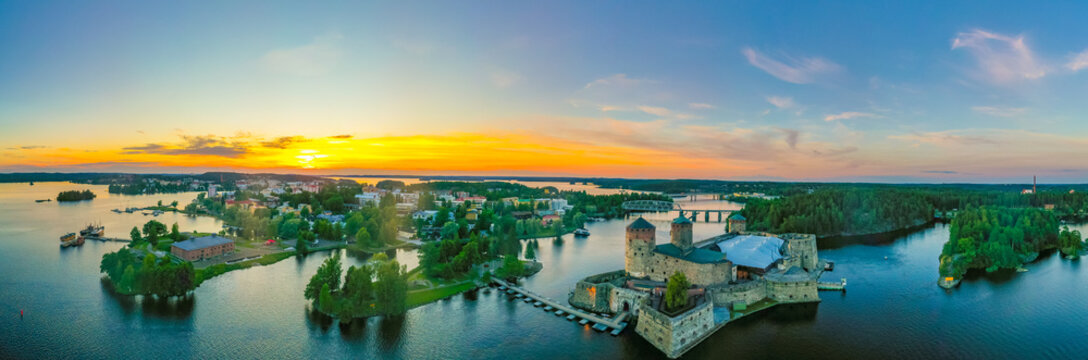 Sunset panorama of Olavinlinna castle in Savonlinna, Finland
