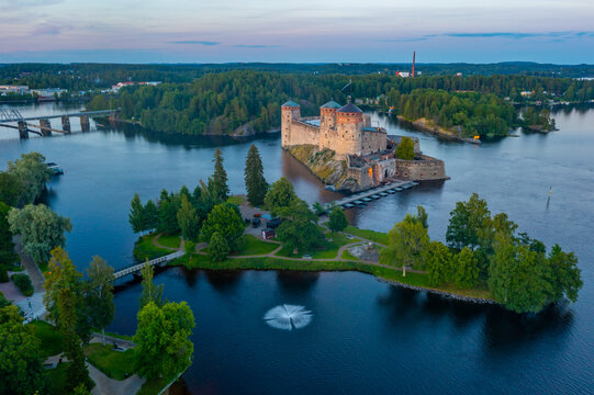 Sunset panorama of Olavinlinna castle in Savonlinna, Finland