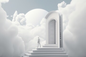 man standing in front of a door in the clouds, gazing out into a vast and surreal landscape created with Generative AI technology