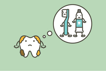 dirty tooth with dental plaque thinking of toothbrush and toothpaste - teeth cartoon vector flat style