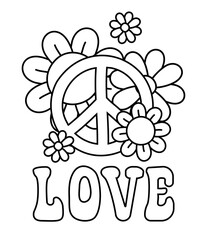 Vector retro groovy outline poster with flowers peace sign and love lettering isolated on white background