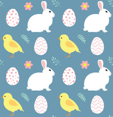 Vector seamless pattern of Easter rabbit chick and eggs isolated on blue background