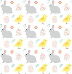 Vector seamless pattern of Easter rabbit chick and eggs isolated on white background