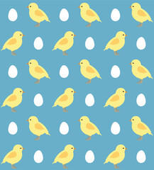 Vector seamless pattern of flat hand drawn chick and egg isolated on blue background