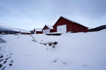 traditional fisherman house at coastline of tromso fjords in a snowy day