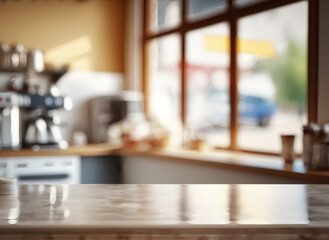 Fototapeta na wymiar Wooden Table Top on Blurred Kitchen Room. Tabletop on blurred kitchen counter room background. Generative Ai.