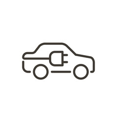 Electric car vector thin line icon. Outline illustration of electrical sustainable ecologic automobile with cable and plug charging symbol. Eco friendly