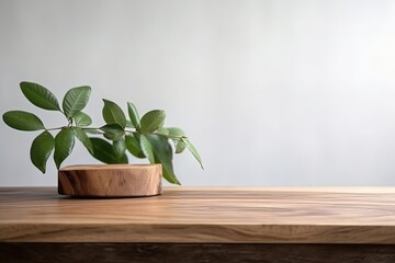green plant in a wooden bowl on a table created with Generative AI technology
