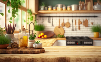 Obraz na płótnie Canvas Wooden Table Top on Blurred Kitchen Room. Tabletop on blurred kitchen counter room background. Generative Ai.