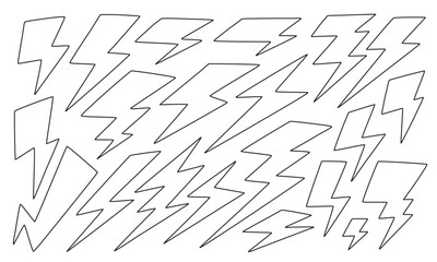 細い線で描かれた21種類の稲妻のイラストセット