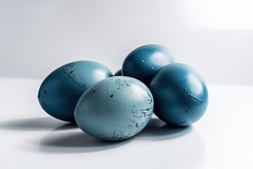 Illustration of three robins eggs resting on a wooden tabletop created with Generative AI technology