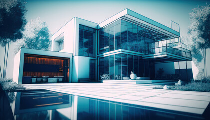 Modern house with pool in blue filter. Generative AI. 