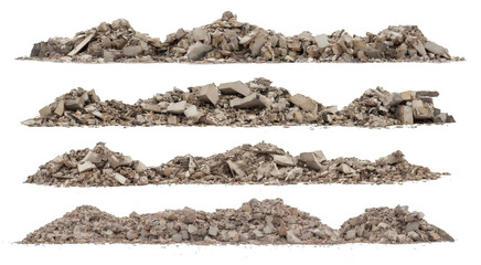 rubble heaps, set of piles of concrete debris isolated on white background, generative ai