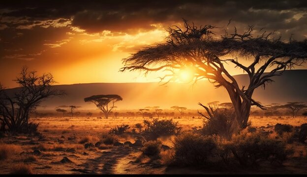 Serengeti savannah sunrise landscape. Generative AI