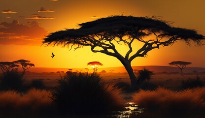 Fototapeta na wymiar Serengeti savannah sunrise landscape. Generative AI