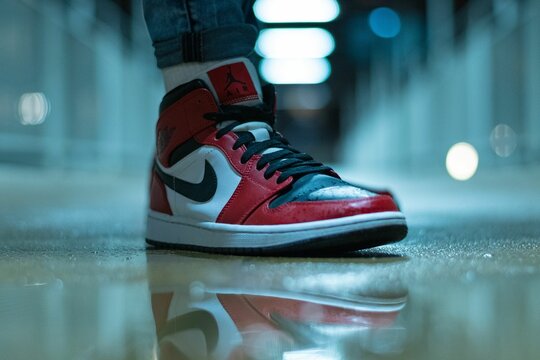 Closeup of a Nike AirJordan 1 "Chicago" in water reflection in a hallway