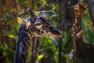 Closeup shot of a northern giraffe head looking right in the jungle