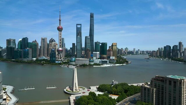 Aerial view of Shanghai skyscrapers of The Bund on the bank of the Huangpu river, China