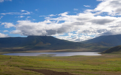 Fototapeta premium Vast green lands, a lake, and mountains under a cloudy sky in Serengeti National Park